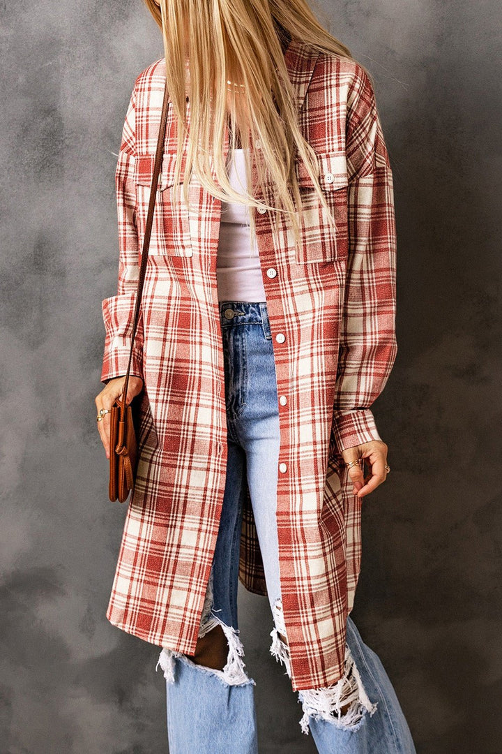 Plaid Button-Up Longline Shacket with Breast Pockets - Jackets - FITGGINS