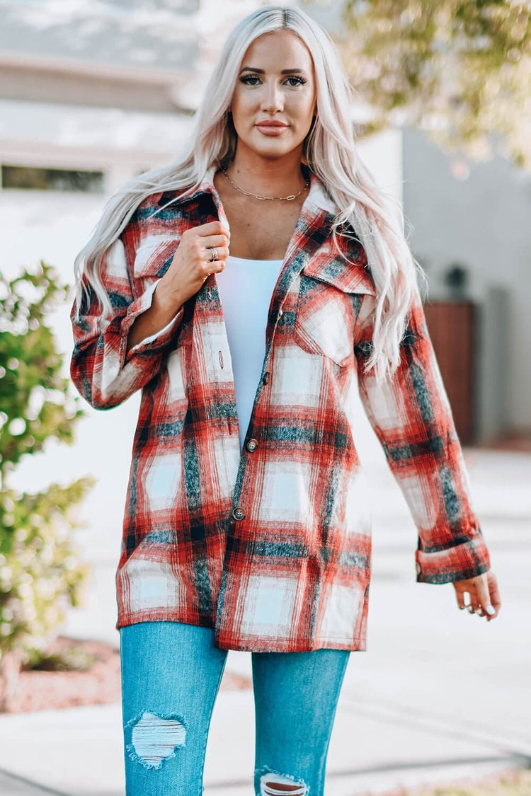 Plaid Button Up Shirt Jacket with Pockets - Jackets - FITGGINS