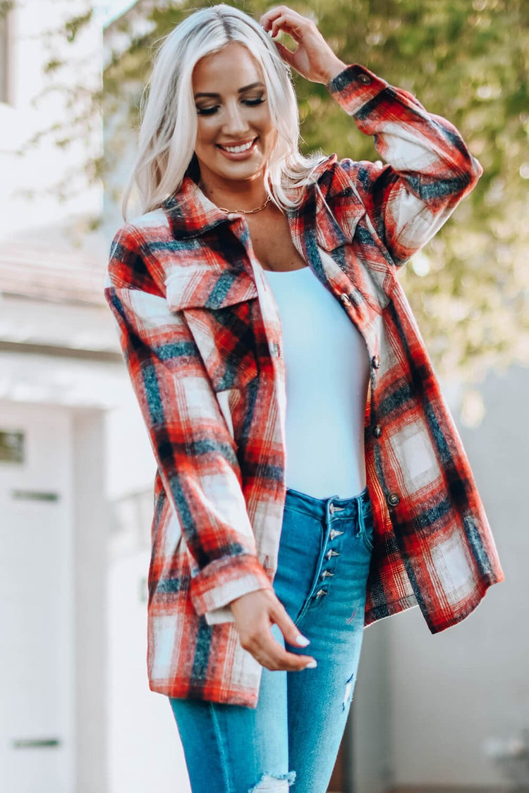 Plaid Button Up Shirt Jacket with Pockets - Jackets - FITGGINS