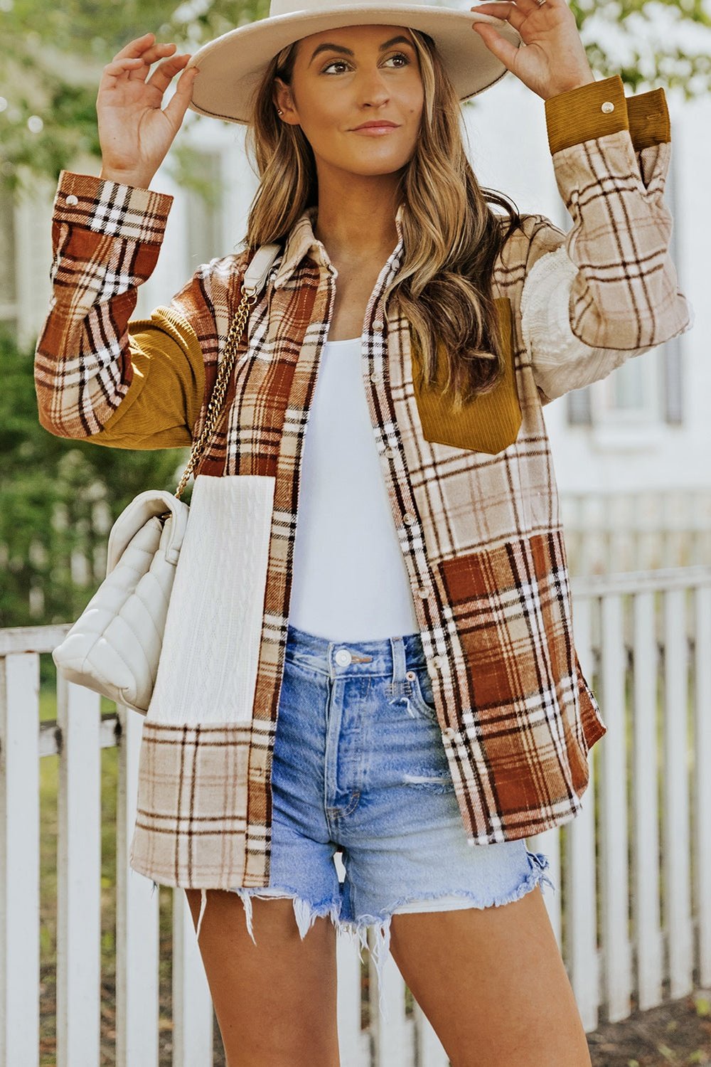 Plaid Color Block Dropped Shoulder Shacket - Jackets - FITGGINS