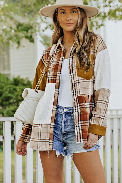 Plaid Color Block Dropped Shoulder Shacket - Jackets - FITGGINS