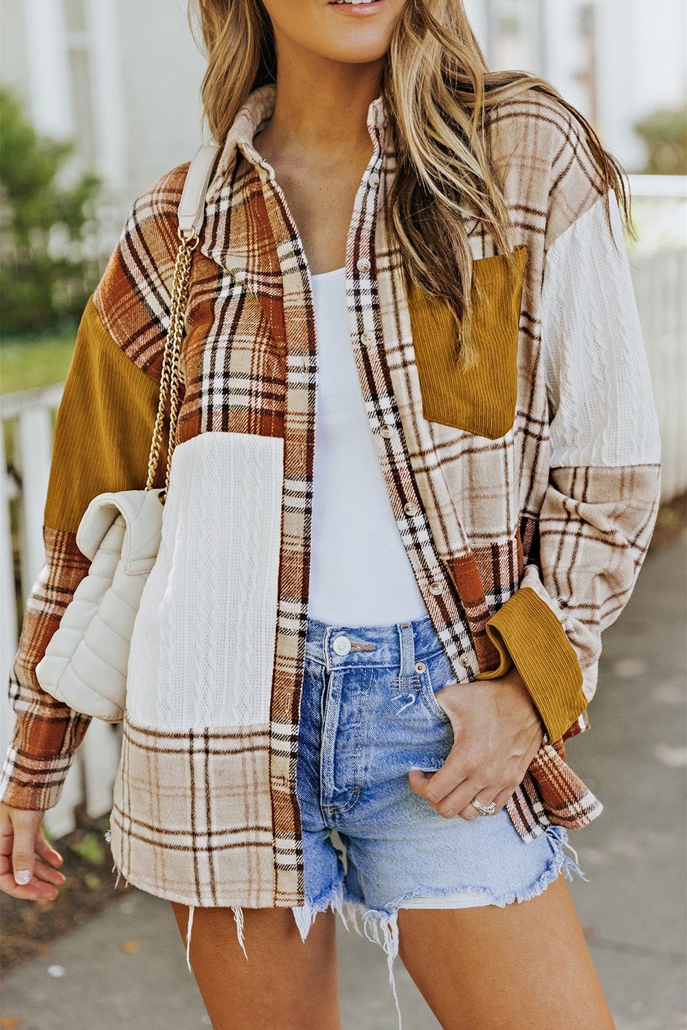 Plaid Color Block Dropped Shoulder Shacket - Jackets - FITGGINS