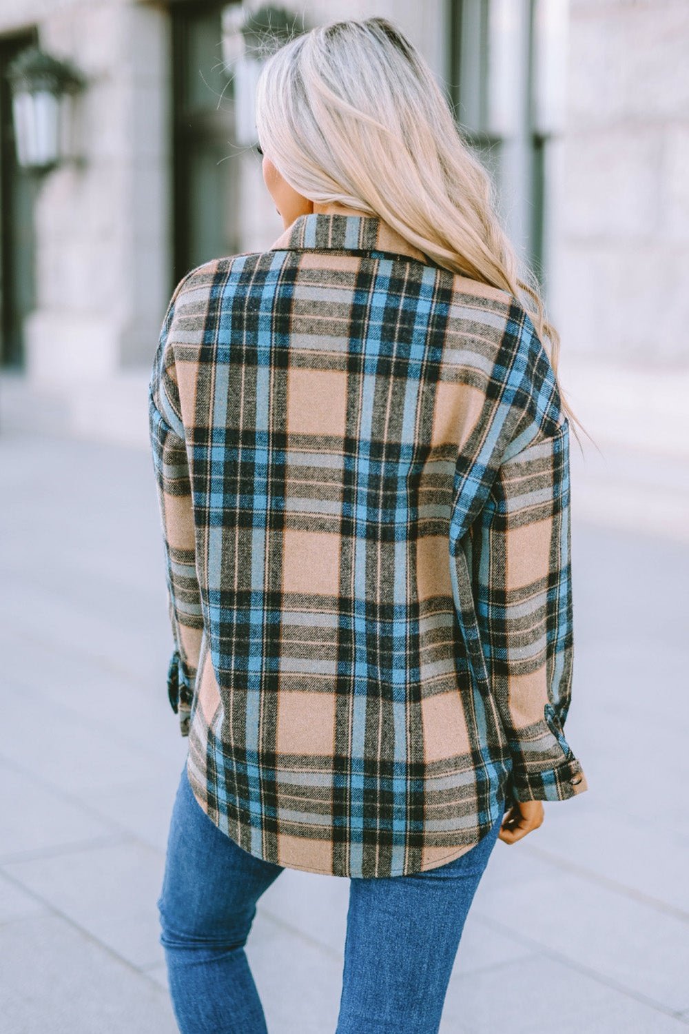 Plaid Curved Hem Shirt Jacket with Breast Pockets - Jackets - FITGGINS