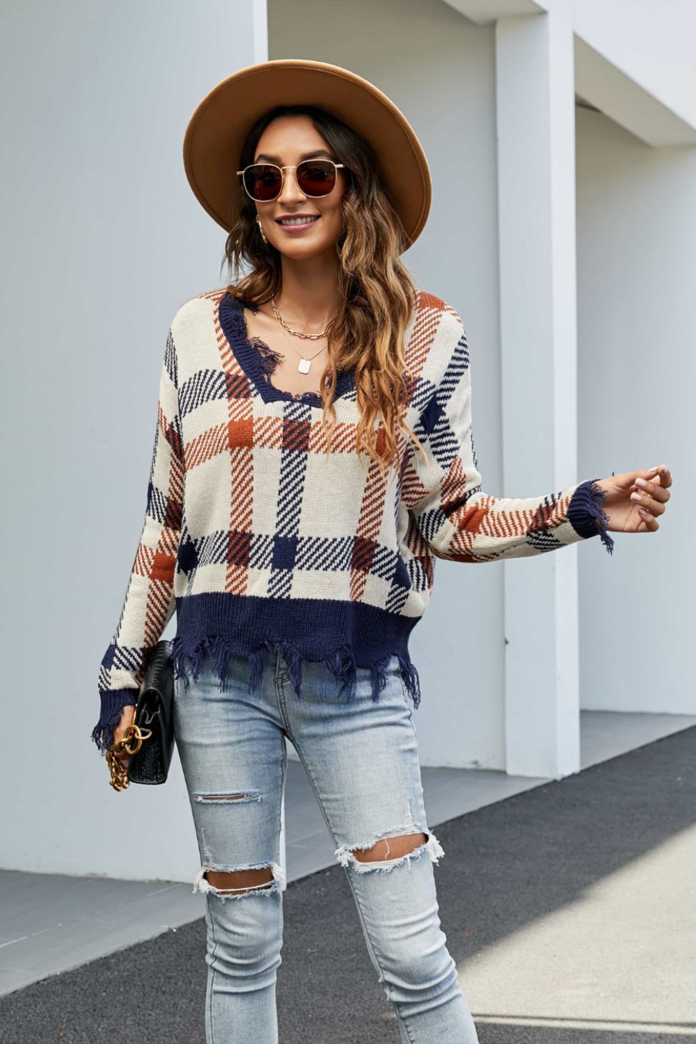 Plaid Distressed Drop Shoulder Sweater - Pullover Sweaters - FITGGINS