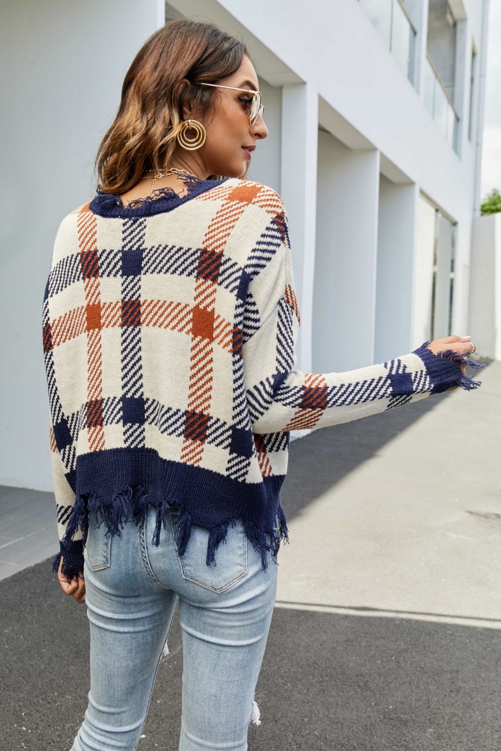 Plaid Distressed Drop Shoulder Sweater - Pullover Sweaters - FITGGINS