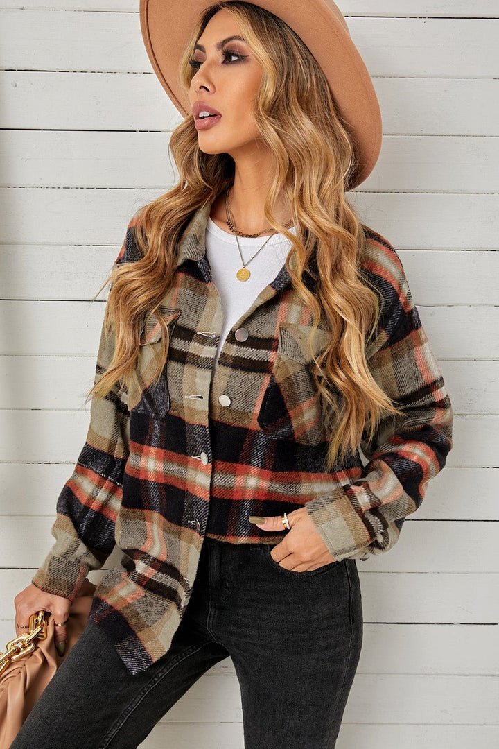 Plaid Pocketed Button Down Shacket - Jackets - FITGGINS