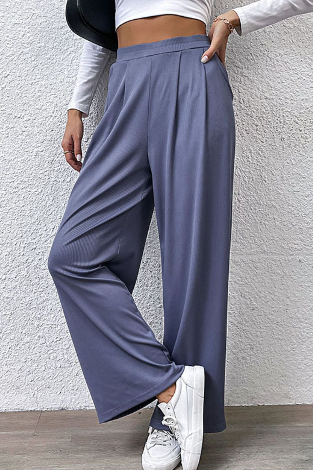 Pleated Detail Wide-Leg Pants with Pockets - Pants - FITGGINS