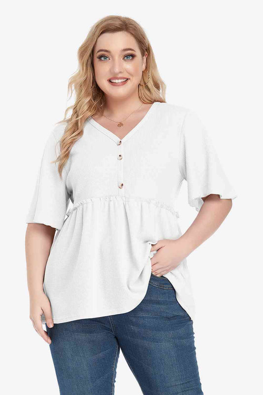 Plus Size Buttoned V-Neck Frill Trim Babydoll Blouse - Blouses - FITGGINS