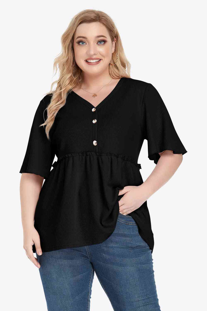 Plus Size Buttoned V-Neck Frill Trim Babydoll Blouse - Blouses - FITGGINS