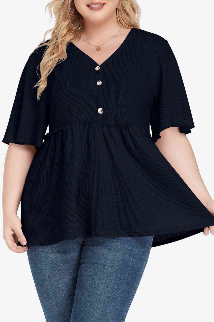 Plus Size Buttoned V-Neck Frill Trim Babydoll Blouse - Blouses - FITGGINS