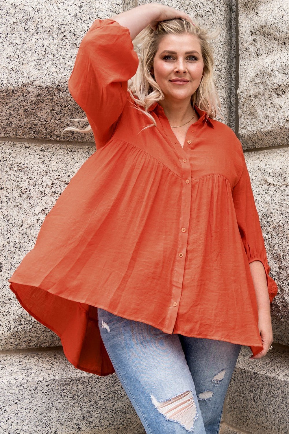 Plus Size Collared Balloon Sleeve Shirt - Shirts - FITGGINS