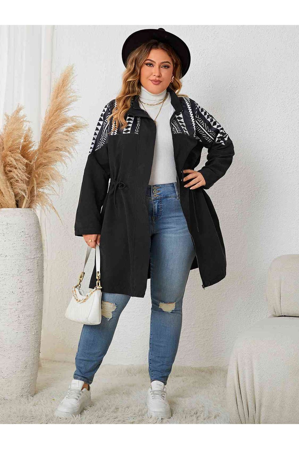 Plus Size Drawstring Waist Trench Coat - Jackets - FITGGINS