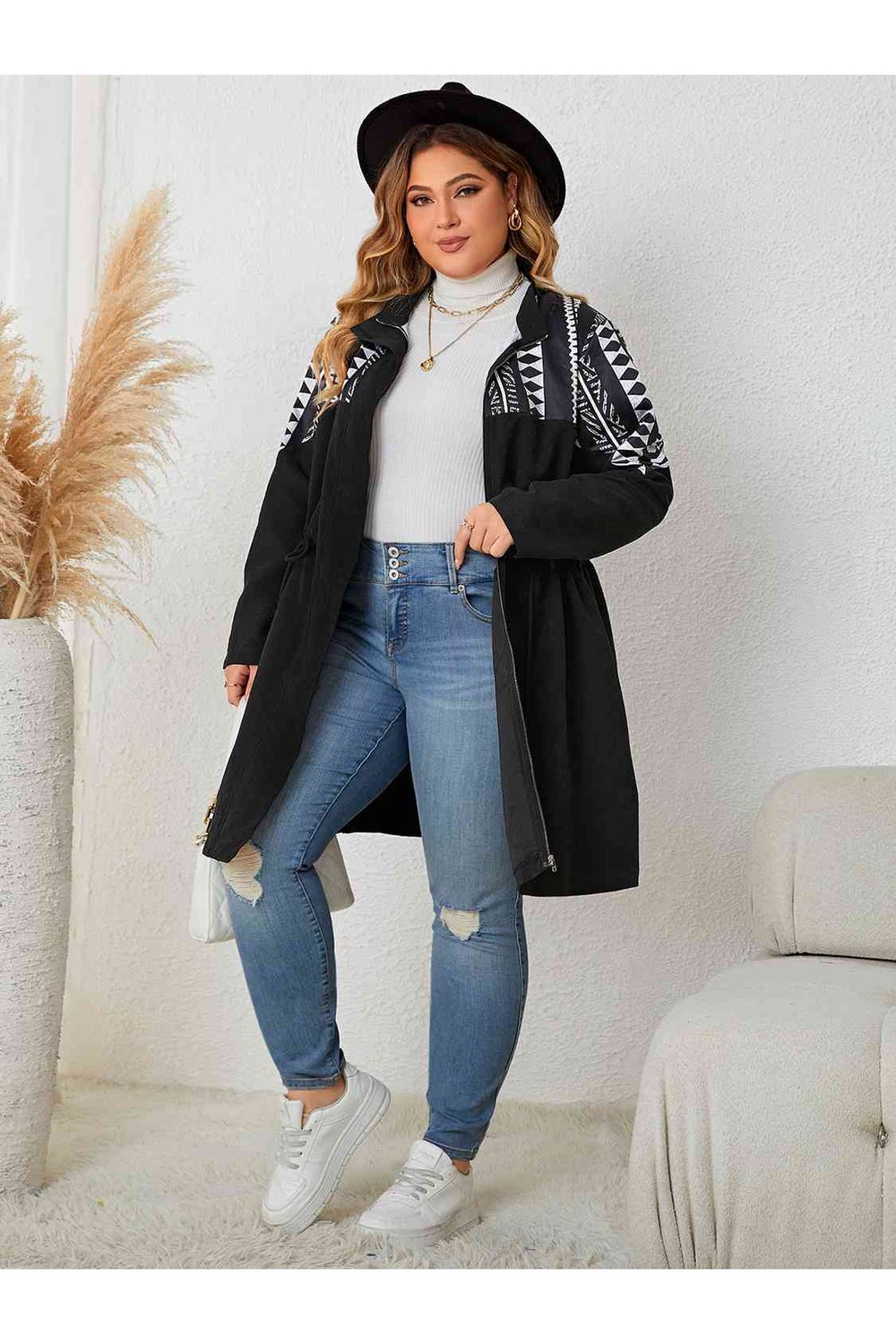 Plus Size Drawstring Waist Trench Coat - Jackets - FITGGINS