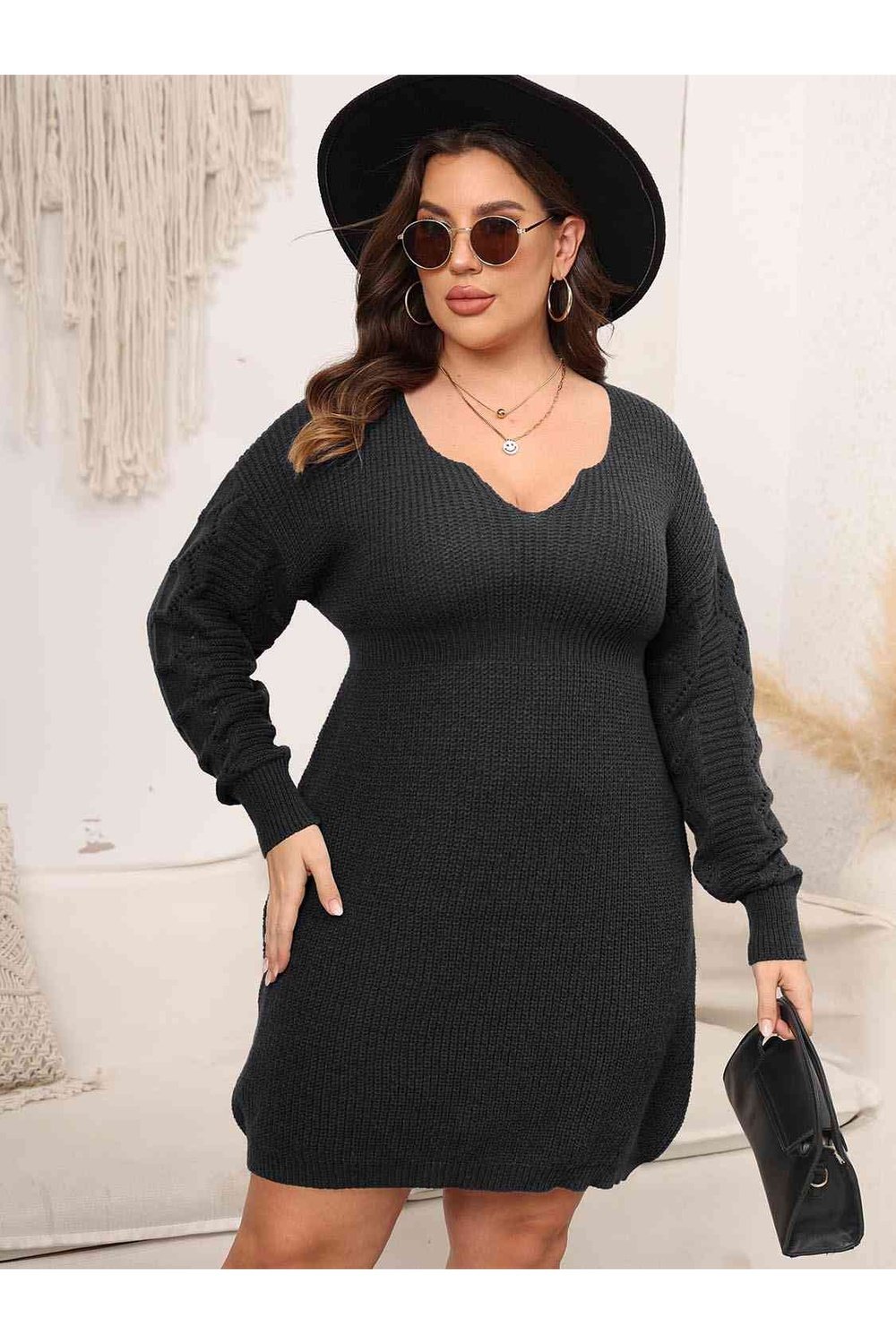 Plus Size Dropped Shoulder Long Sleeve Knit Mini Dress - Sweater Dresses - FITGGINS