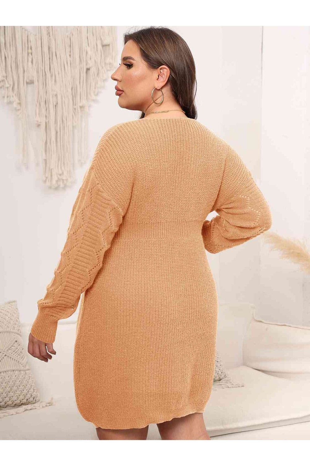 Plus Size Dropped Shoulder Long Sleeve Knit Mini Dress - Sweater Dresses - FITGGINS