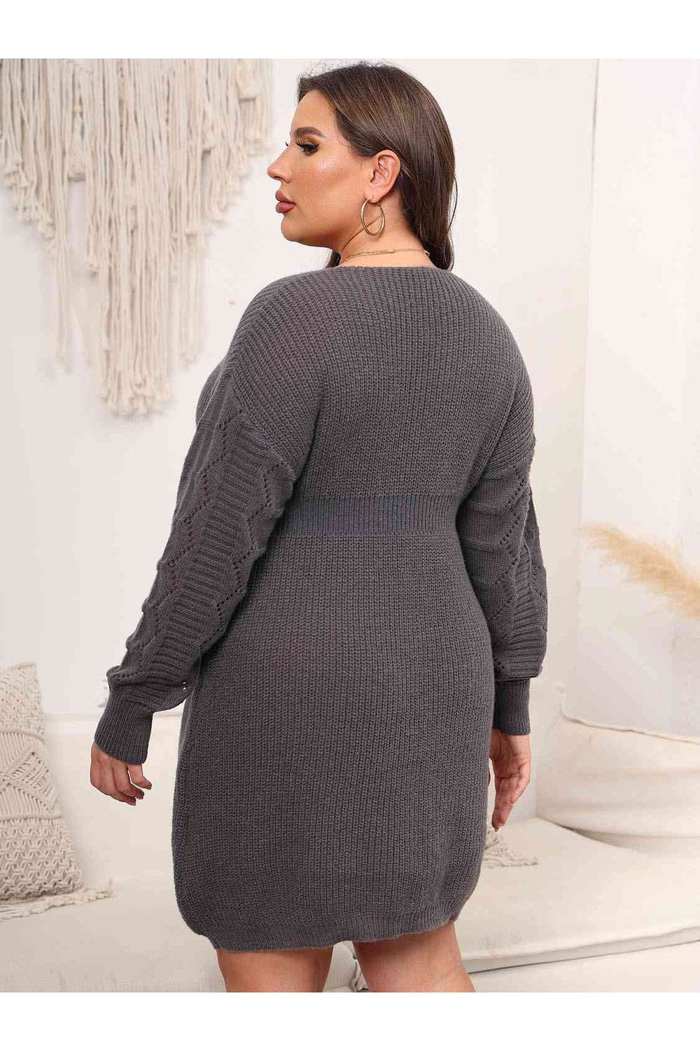 Plus Size Dropped Shoulder Long Sleeve Knit Mini Dress - Sweater Dresses - FITGGINS