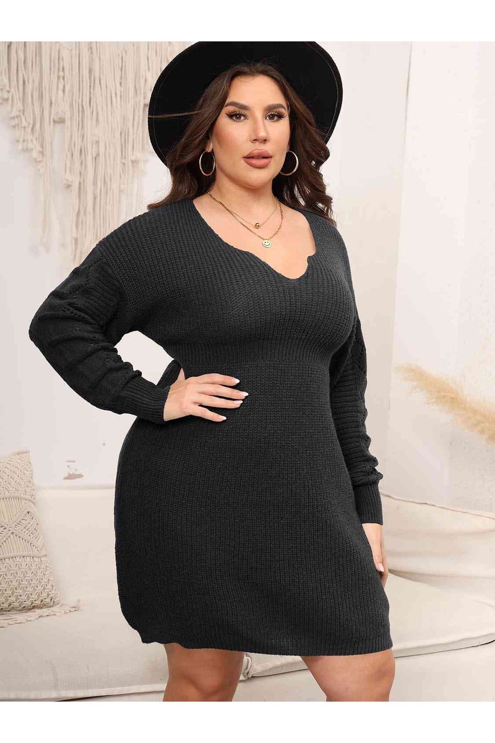 Plus Size Dropped Shoulder Long Sleeve Knit Mini Dress - Sweater Dresses - FITGGINS