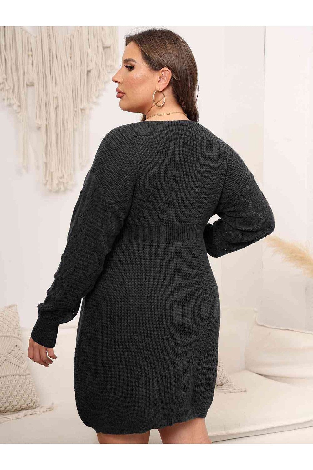 Plus Size Dropped Shoulder Long Sleeve Knit Mini Dress - Sweater Dresses - FITGGINS