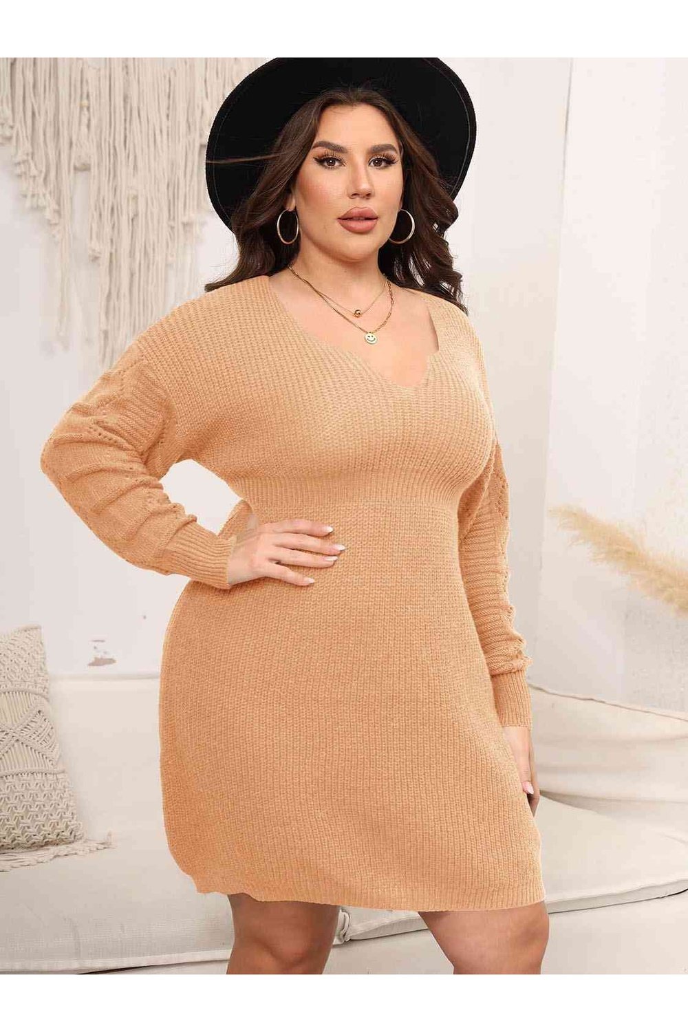 Plus Size Dropped Shoulder Long Sleeve Knit Mini Dress - Sweater Dresses - FITGGINS