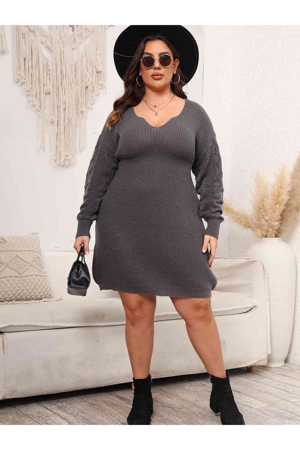 Plus Size Dropped Shoulder Long Sleeve Knit Mini Dress - Sweater Dresses - FITGGINS