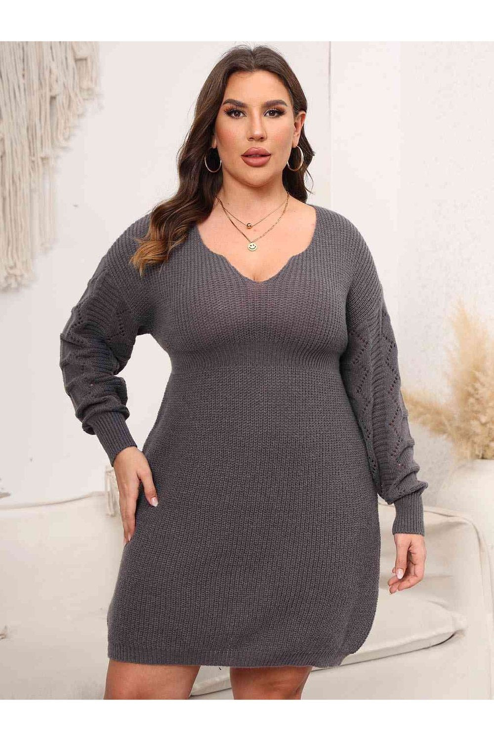 Plus Size Dropped Shoulder Long Sleeve Knit Mini Dress - Sweater Dresses - FITGGINS