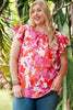 Plus Size Floral Flutter Sleeve Round Neck Blouse