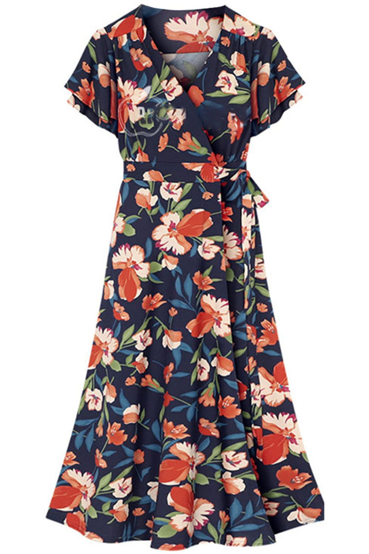 Plus Size Floral Surplice Neck Flutter Sleeve Dress - Casual & Maxi Dresses - FITGGINS