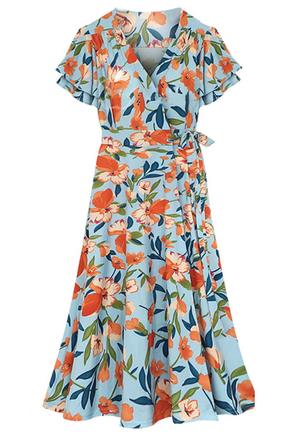 Plus Size Floral Surplice Neck Flutter Sleeve Dress - Casual & Maxi Dresses - FITGGINS