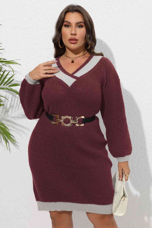 Plus Size Long Sleeve Sweater Dress - Sweater Dresses - FITGGINS