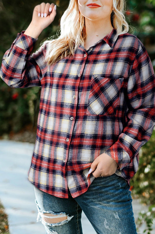 Plus Size Plaid Collared Neck Shirt - Shirts - FITGGINS