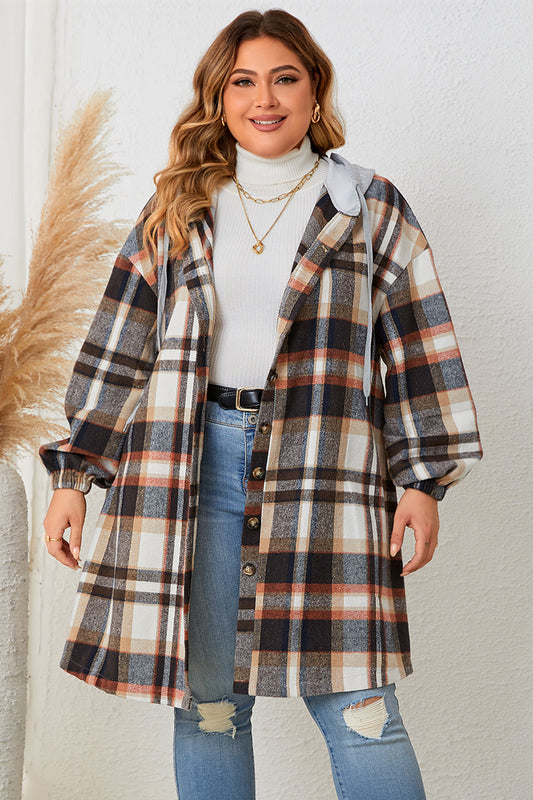 Plus Size Plaid Drop Shoulder Hooded Coat - Jackets - FITGGINS