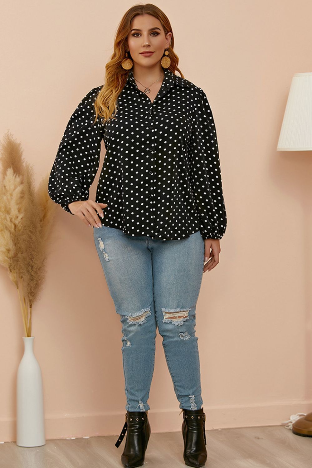 Plus Size Polka Dot Balloon Sleeve Shirt - Shirts - FITGGINS