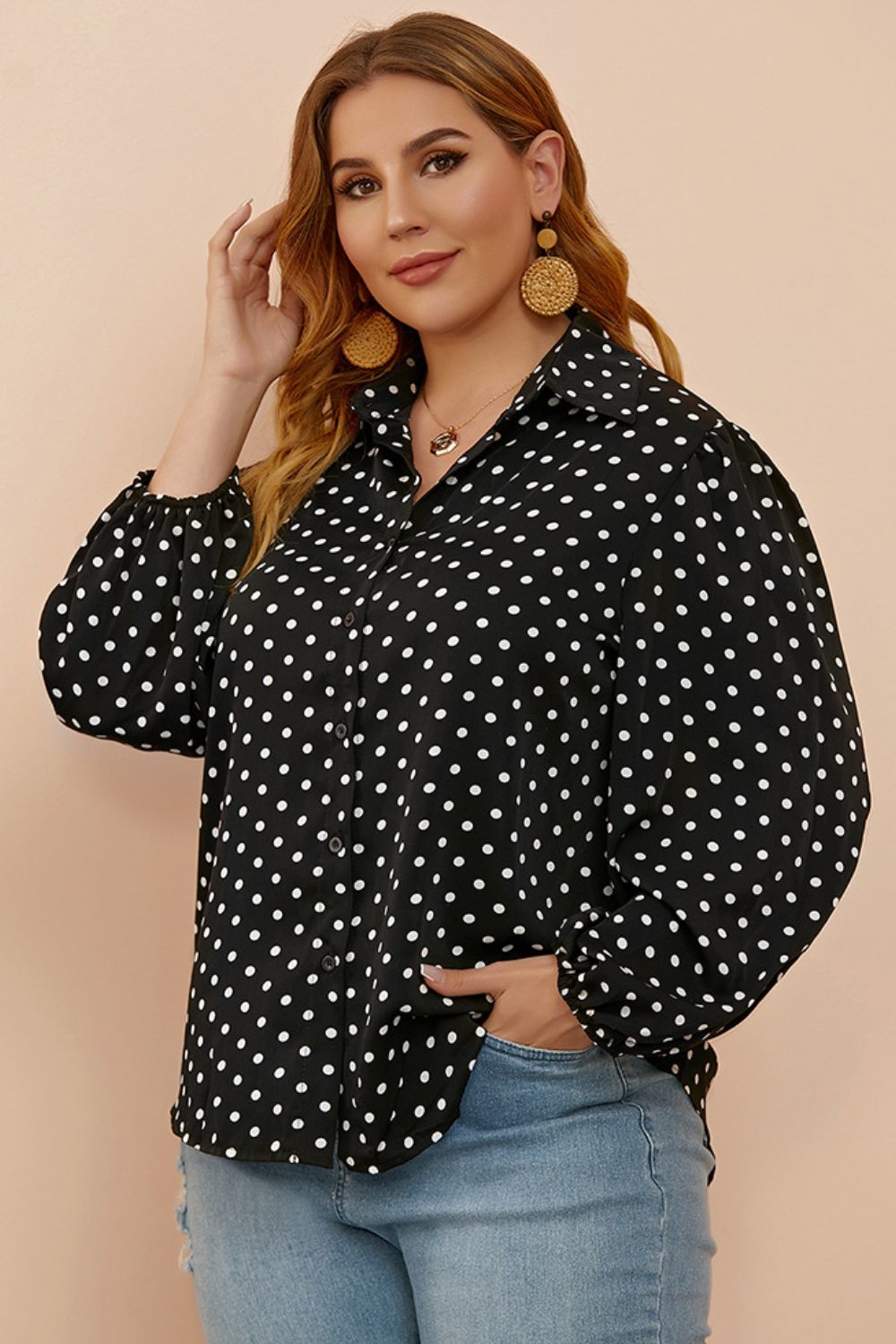 Plus Size Polka Dot Balloon Sleeve Shirt - Shirts - FITGGINS