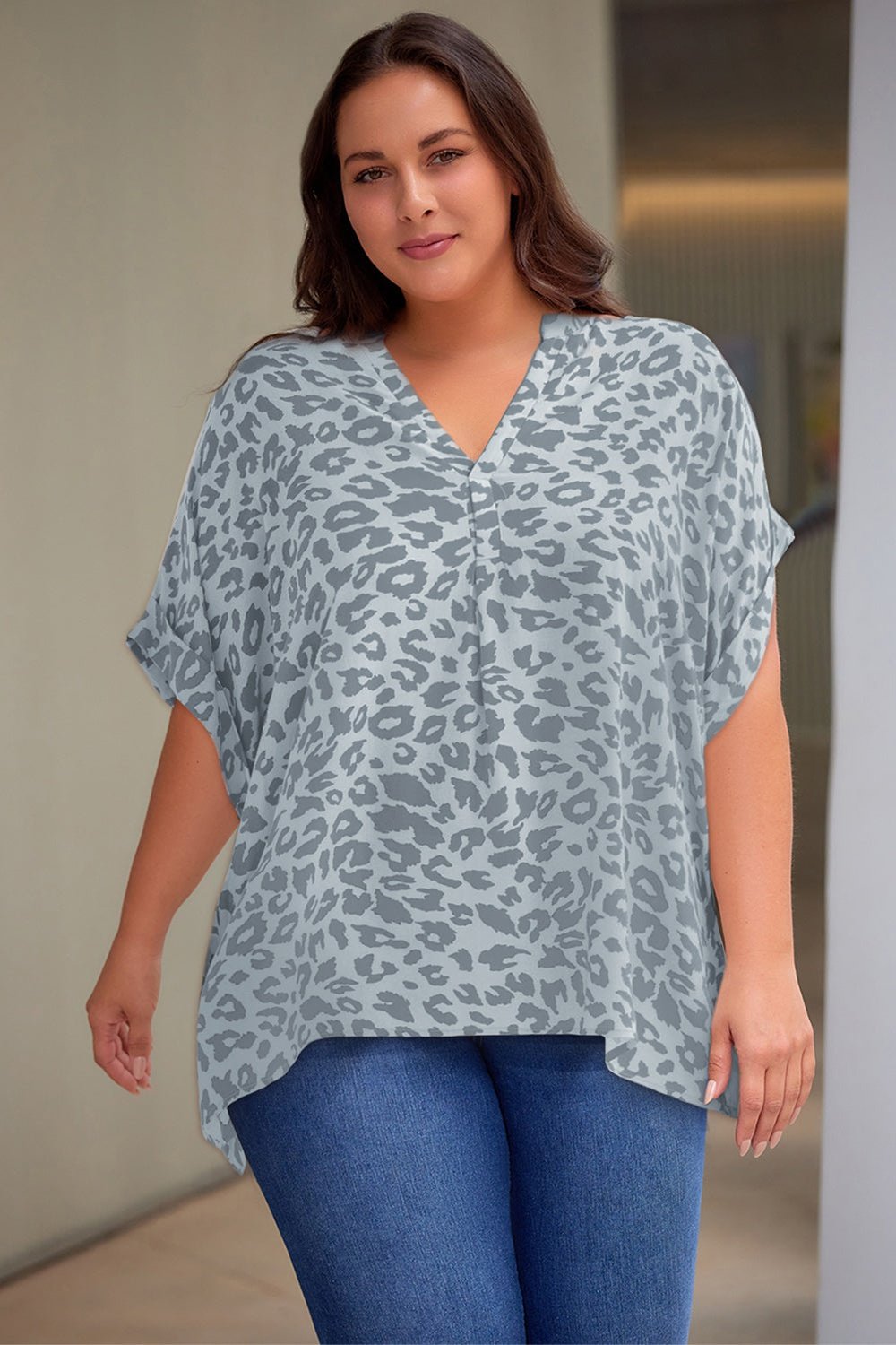 Plus Size Printed Notched Neck Half Sleeve Top - T-Shirts - FITGGINS