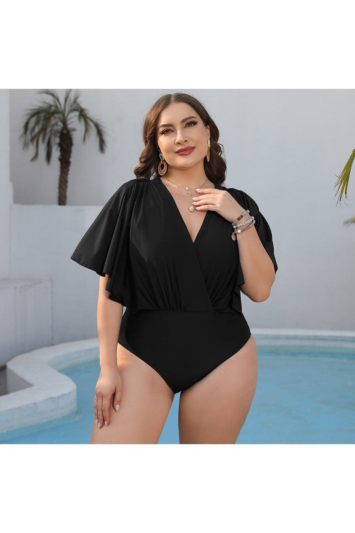 Plus Size Ruched Surplice Neck One-Piece Swimsuit - Swimwear One-Pieces - FITGGINS