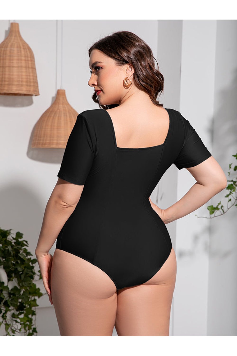 Plus Size Scoop Neck Short Sleeve One-Piece Swimsuit Fitggins