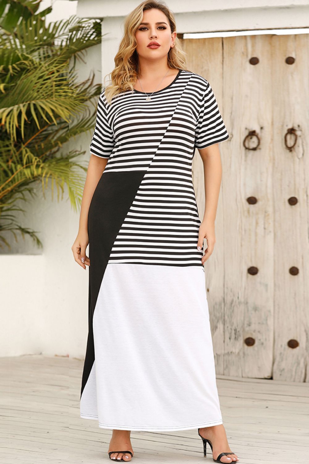 Plus Size Striped Color Block Round Neck Dress - Casual & Maxi Dresses - FITGGINS