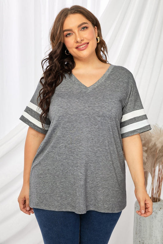 Plus Size Striped V-Neck Tee Shirt - T-Shirts - FITGGINS