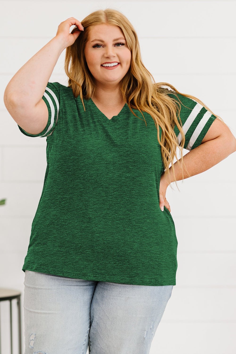 Plus Size Striped V-Neck Tee Shirt - T-Shirts - FITGGINS