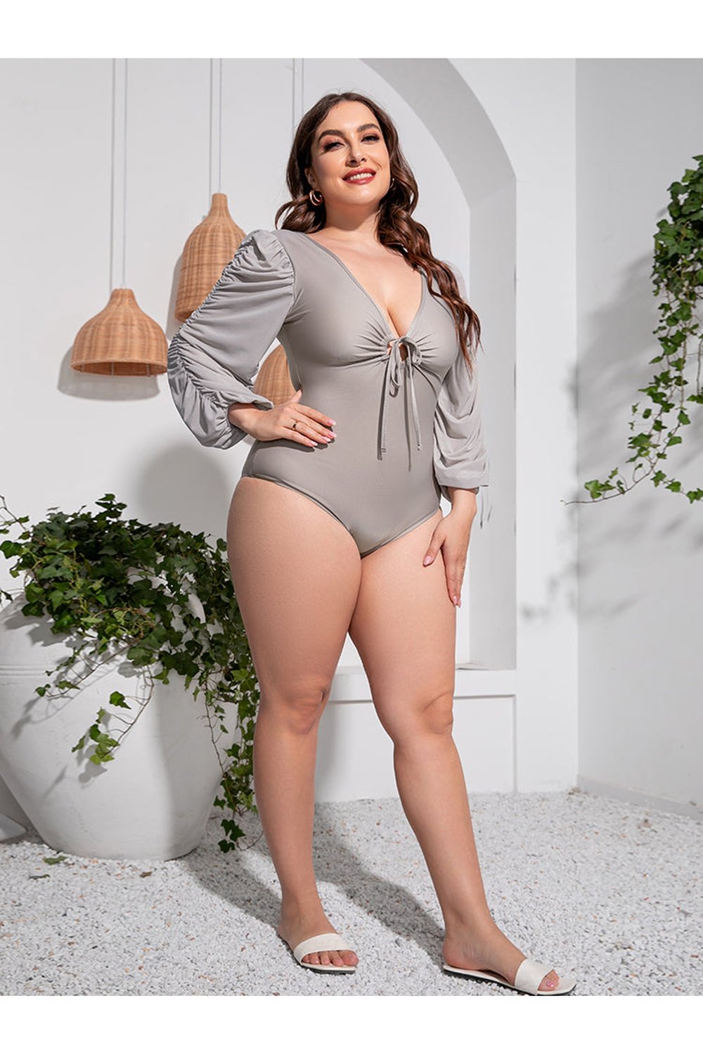 Plus Size Tied Deep V Balloon Sleeve One-Piece Swimsuit - Swimwear One-Pieces - FITGGINS