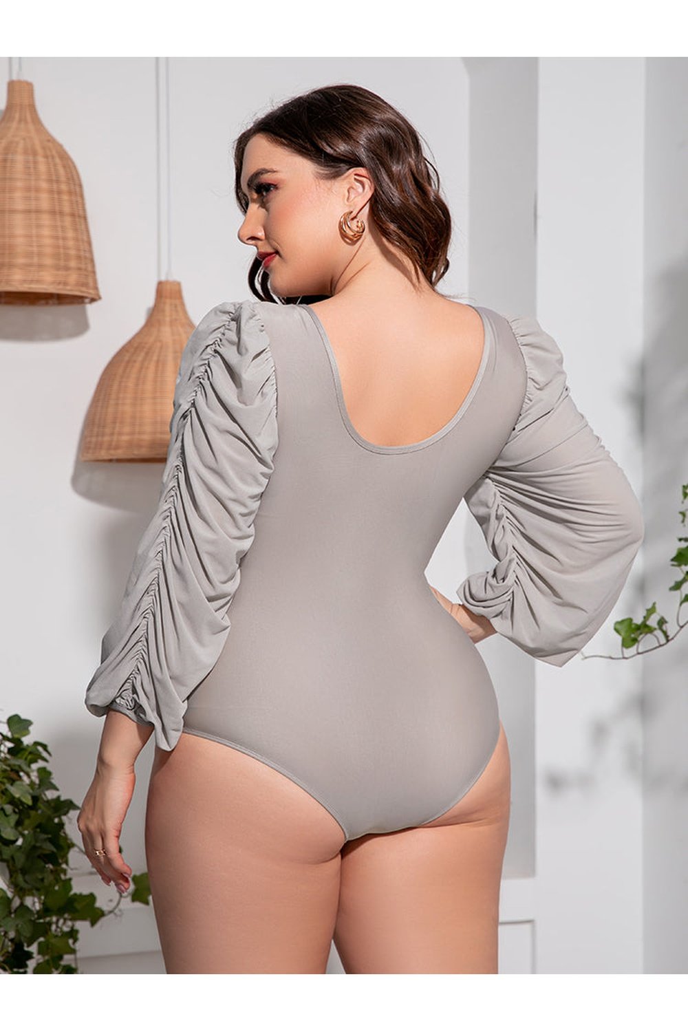 Plus Size Tied Deep V Balloon Sleeve One-Piece Swimsuit - Swimwear One-Pieces - FITGGINS