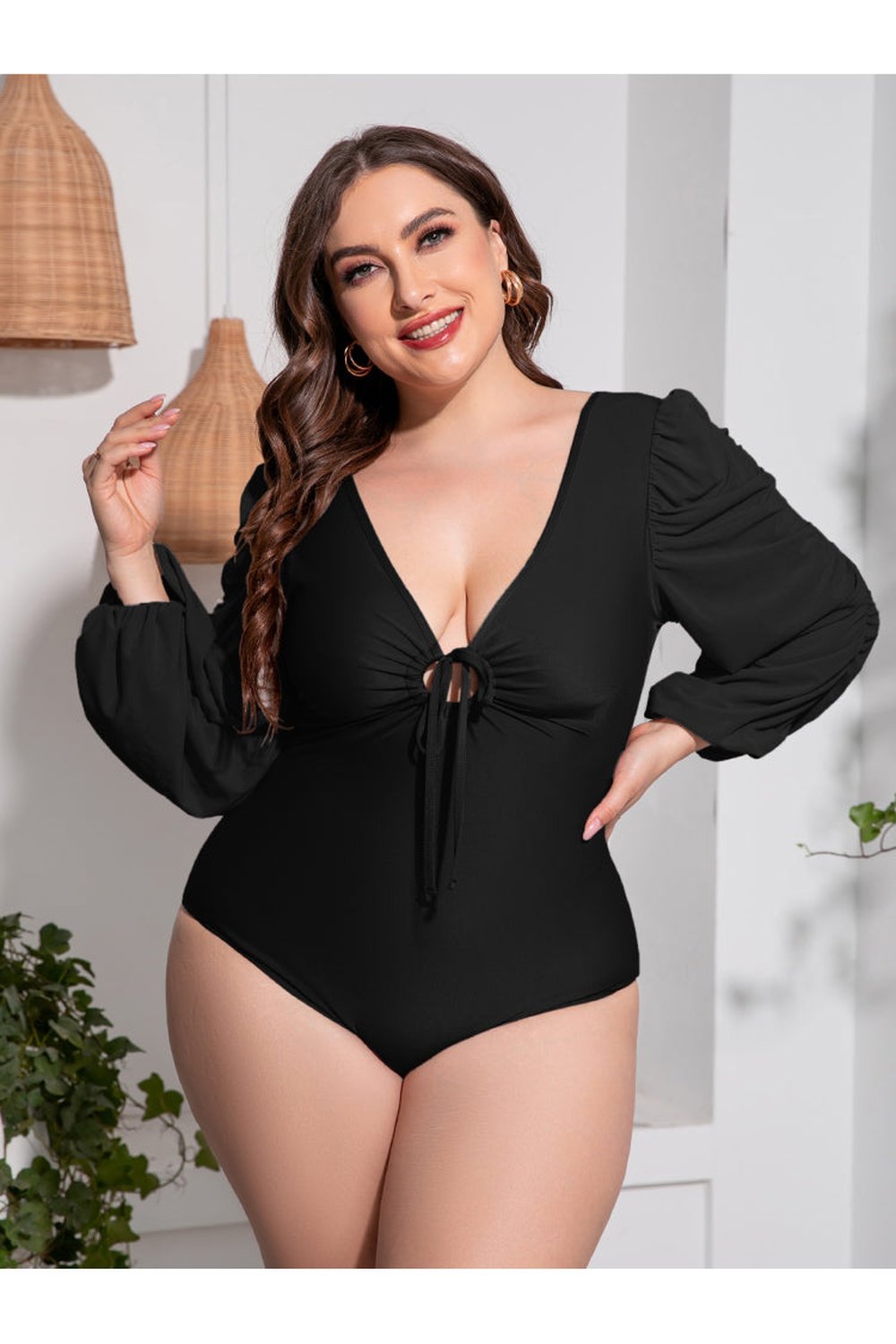 Plus Size Tied Deep V Balloon Sleeve One-Piece Swimsuit - Swimwear One-Pieces - FITGGINS