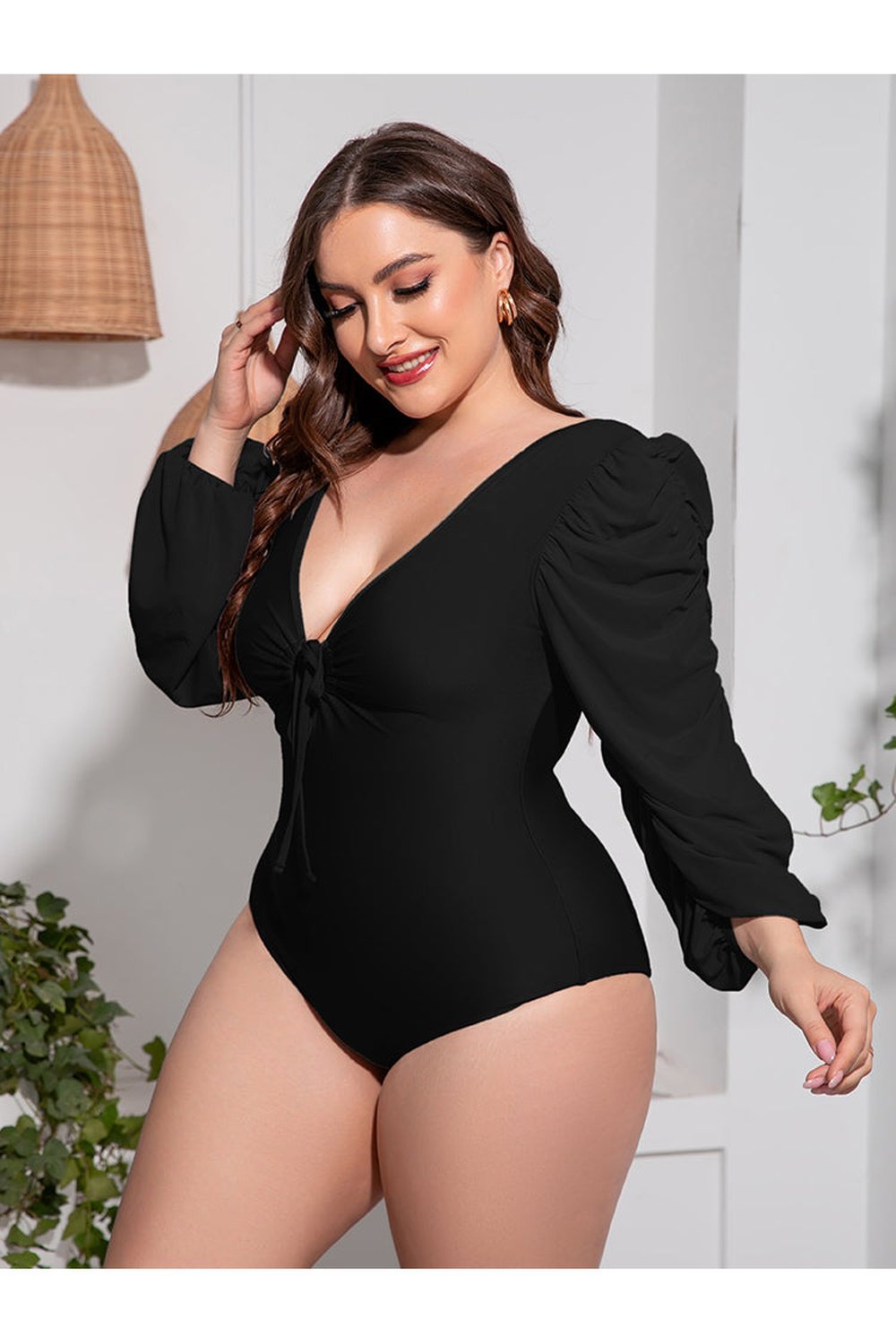 Plus Size Tied Deep V Balloon Sleeve One-Piece Swimsuit - Swimwear One-Pieces - FITGGINS