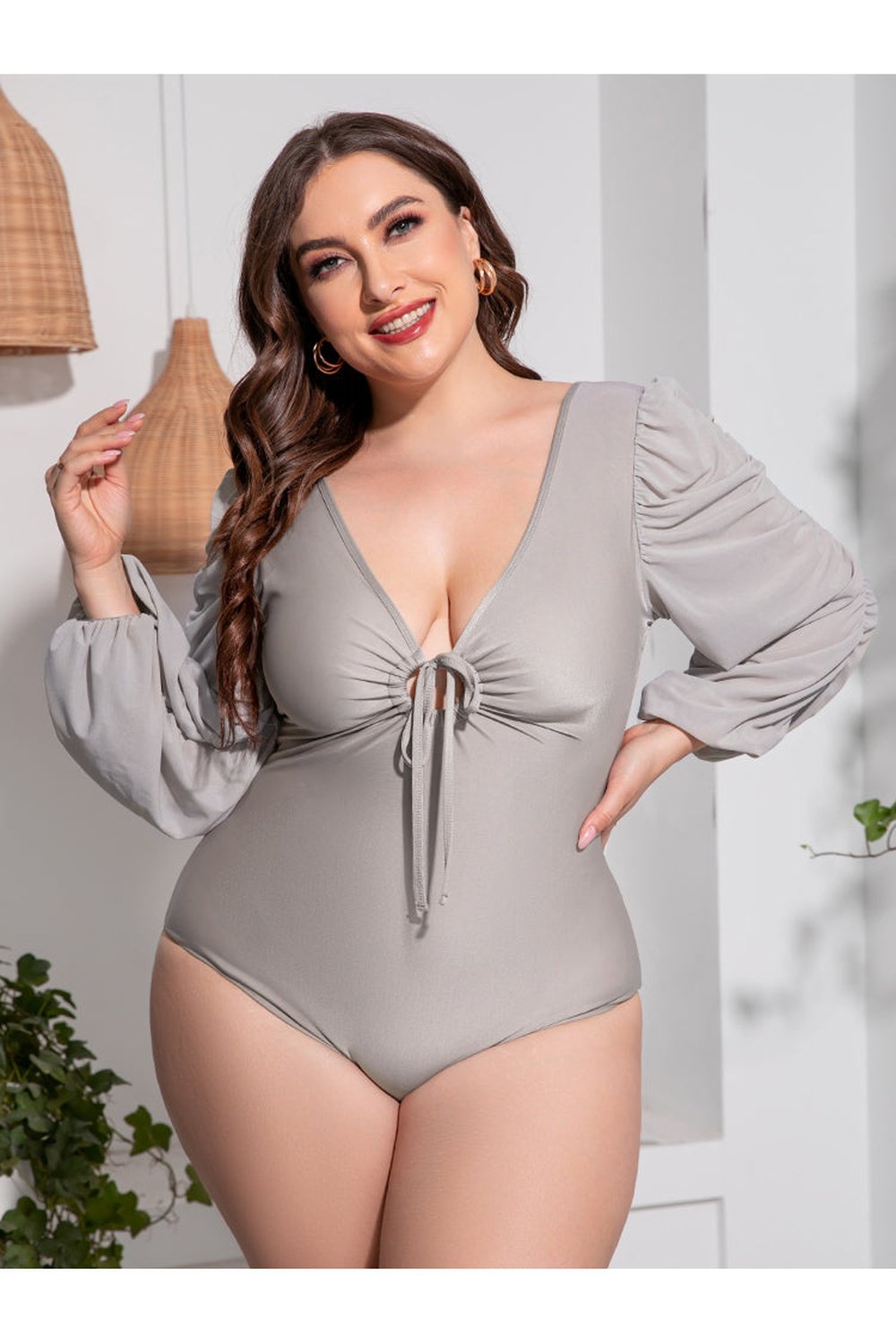 Plus Size Tied Deep V Balloon Sleeve One-Piece Swimsuit - Swimwear One-Pieces - FITGGINS