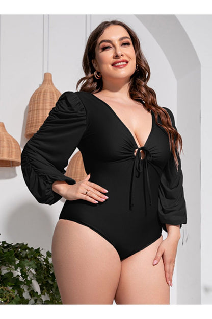 Plus Size Tied Deep V Balloon Sleeve One-Piece Swimsuit - Swimwear One-Pieces - FITGGINS