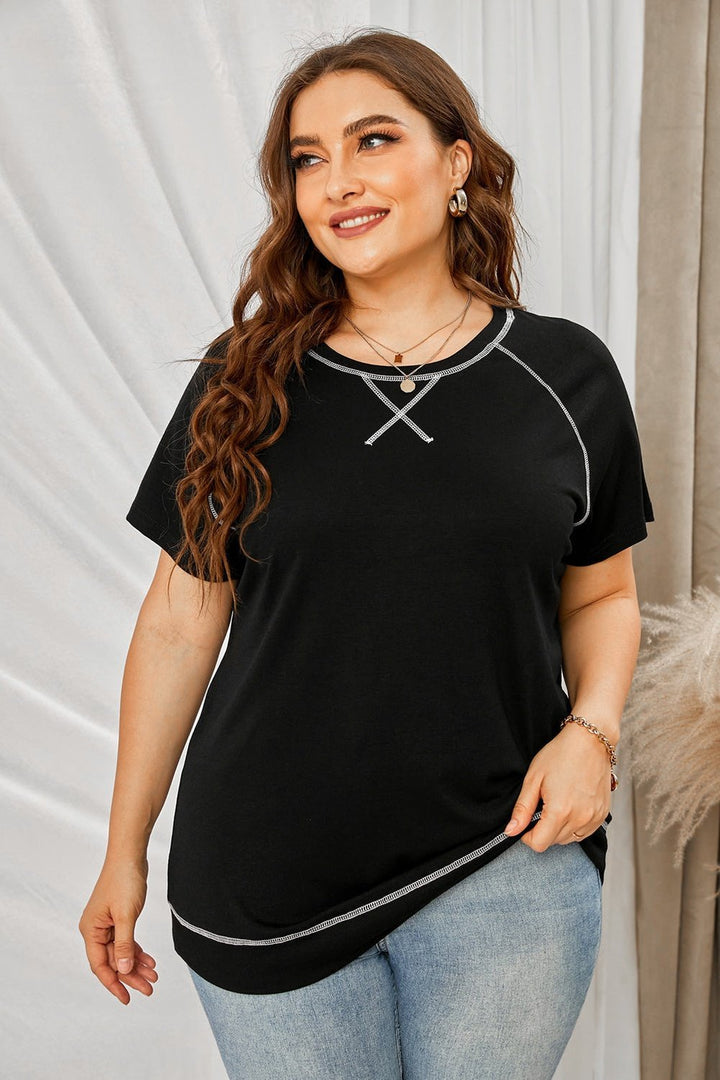 Plus Size Contrast Stitching Crewneck Tee - T-Shirts - FITGGINS