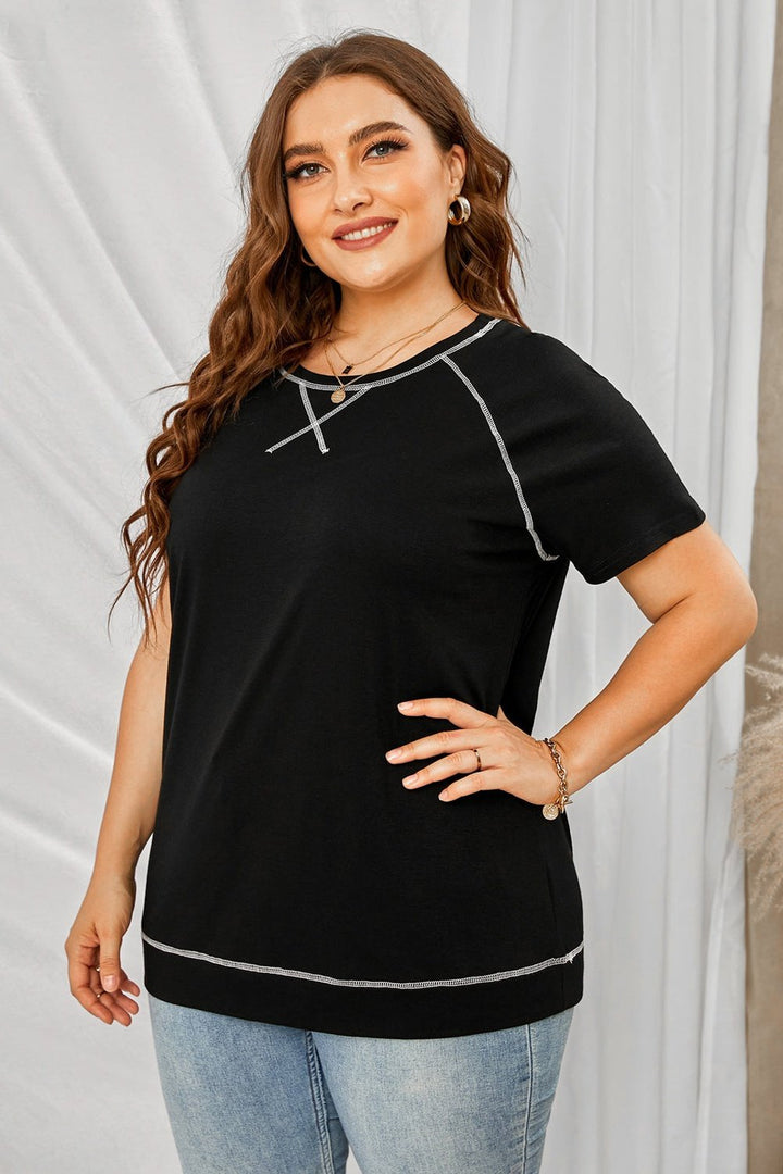 Plus Size Contrast Stitching Crewneck Tee - T-Shirts - FITGGINS