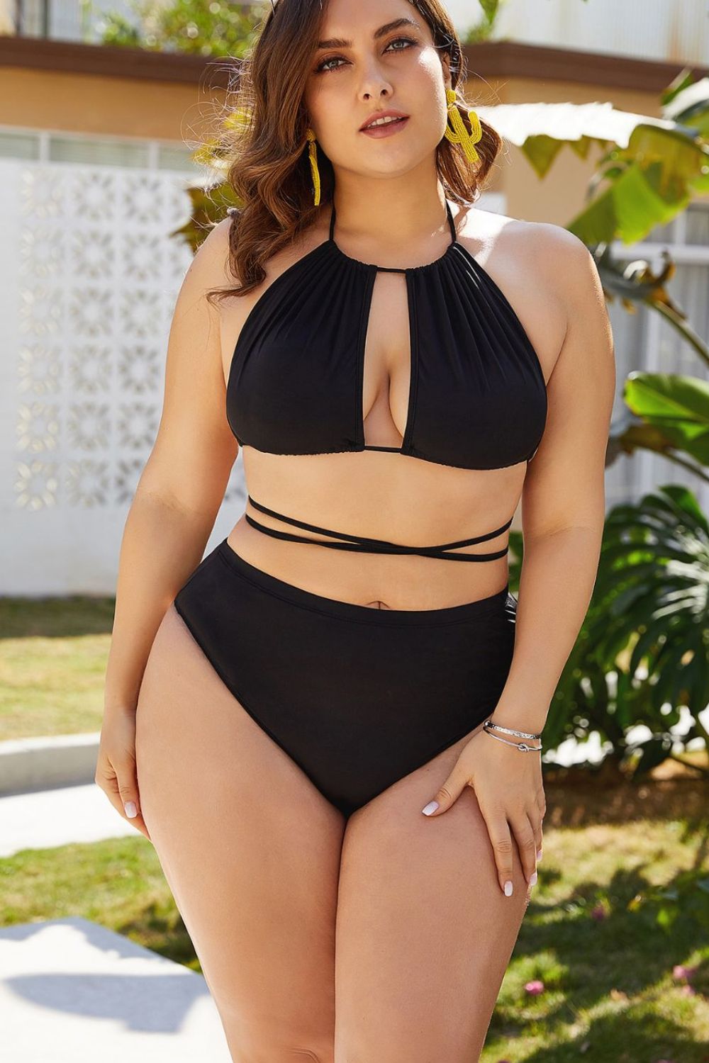 Plus Size Cutout Tied Backless Bikini Set - Swimwear One-Pieces - FITGGINS
