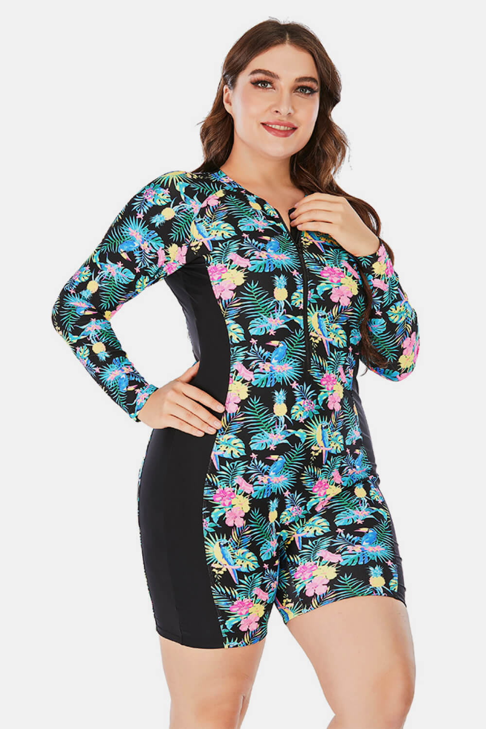 Plus Size Floral Zip Up Long Sleeve Short Wetsuit - Swimwear One-Pieces - FITGGINS