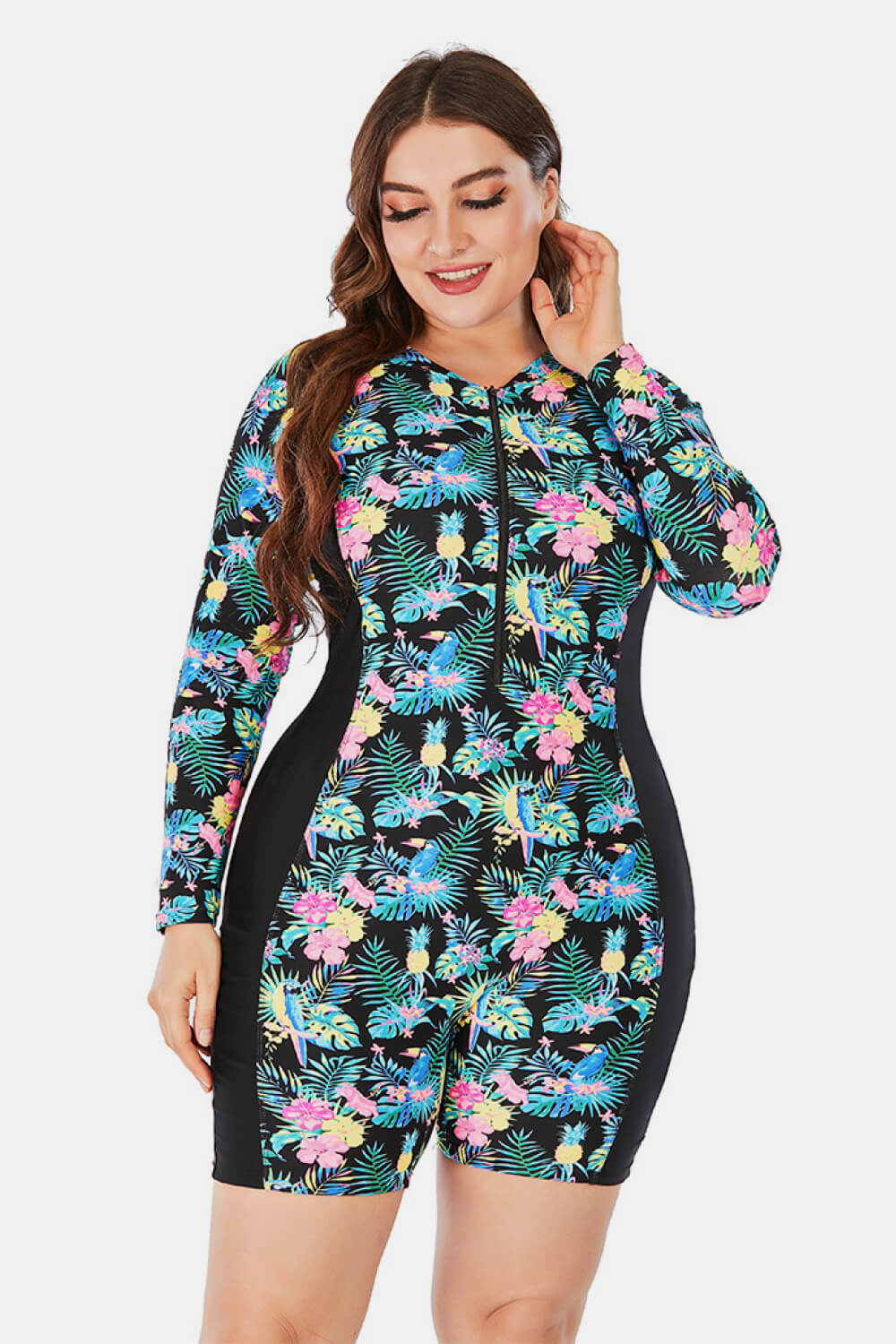 Plus Size Floral Zip Up Long Sleeve Short Wetsuit - Swimwear One-Pieces - FITGGINS